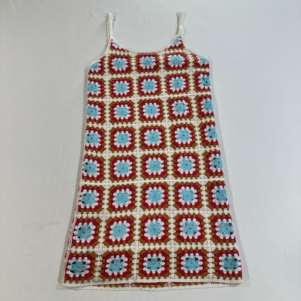 Willow & Wind Granny Square Crochet Mini Dress Women XS Multi Color Boho Folk